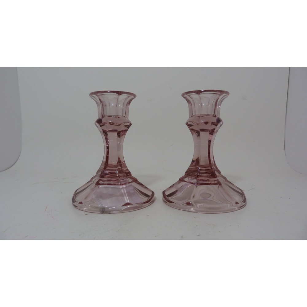 Vintage Pink Glass Candlestick Holders Set of 2 Hexagonal Taper Pair Blush